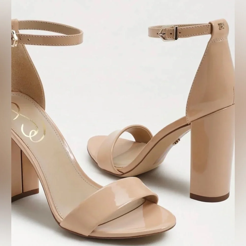 NIB Sam Edelman Yaro Ankle Strap Block Heel Sandals in Patent Beige Blush - Picture 2 of 13